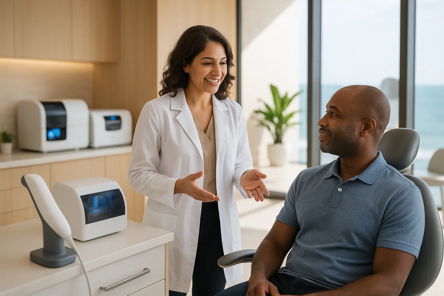 A dentist gestures while speaking with a smiling patient seated beside a dental 3D printer in a bright clinic.
