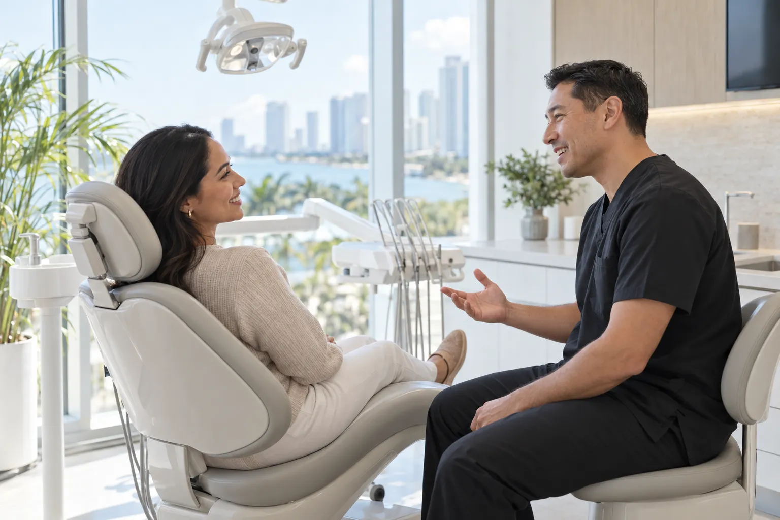 A dentist speaks with a patient reclining in a dental chair in a bright clinic overlooking a city skyline.