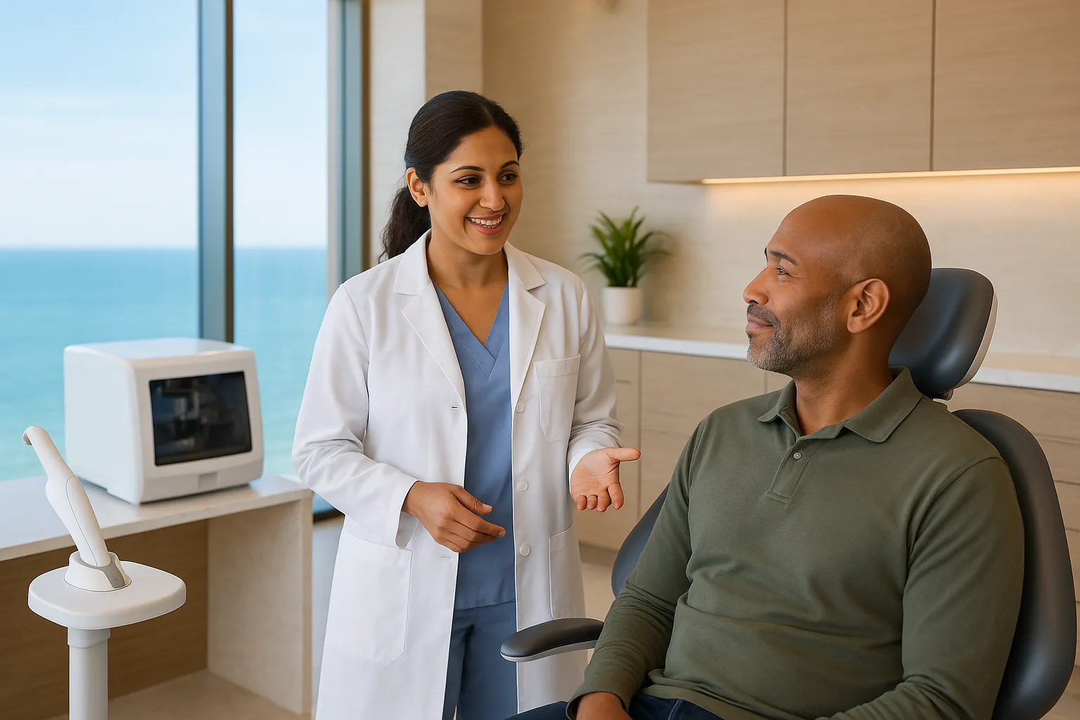 A dentist speaks with a smiling patient seated in a dental chair in a bright clinic overlooking the ocean.