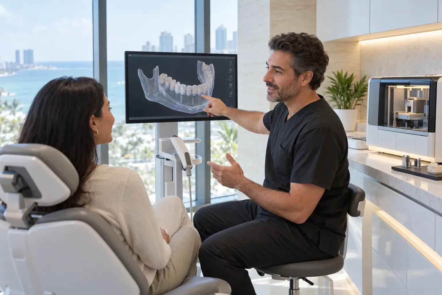 A dentist points to a 3D jaw scan on a monitor while speaking with a patient in a modern dental office.