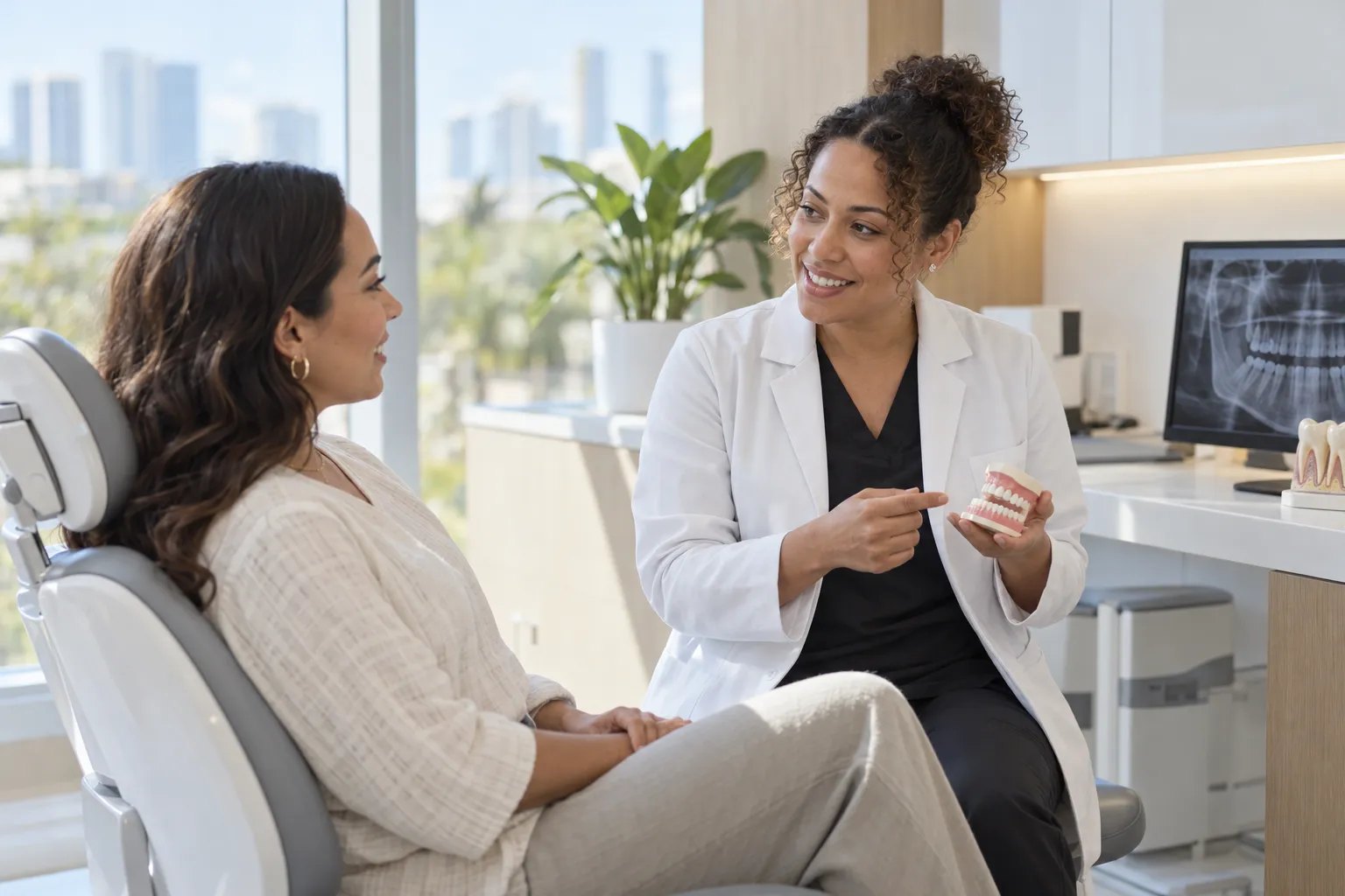 A dental professional shows a teeth model to a patient seated in a bright clinic.