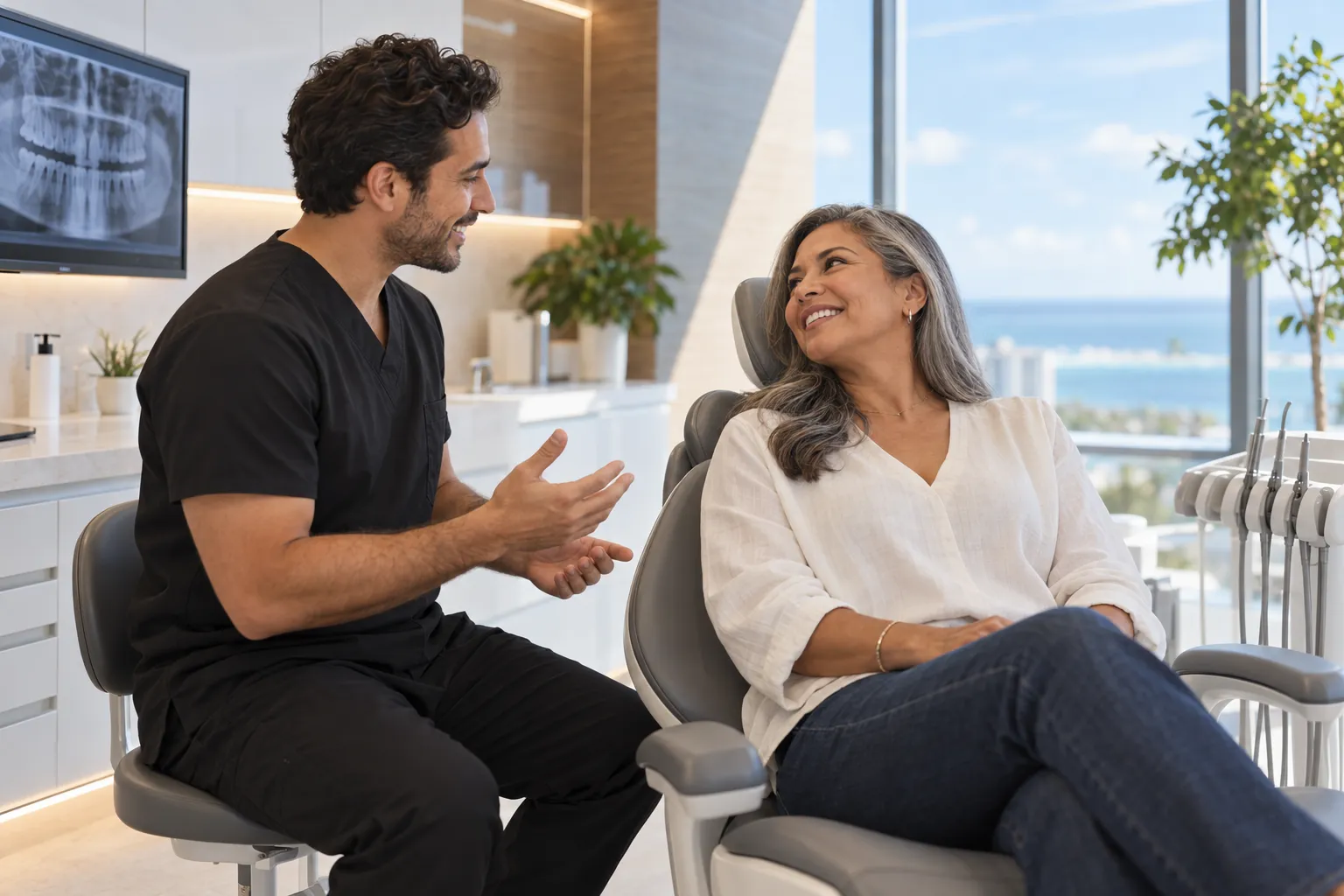 A dentist talks with a smiling woman seated in a dental chair in a bright clinic.