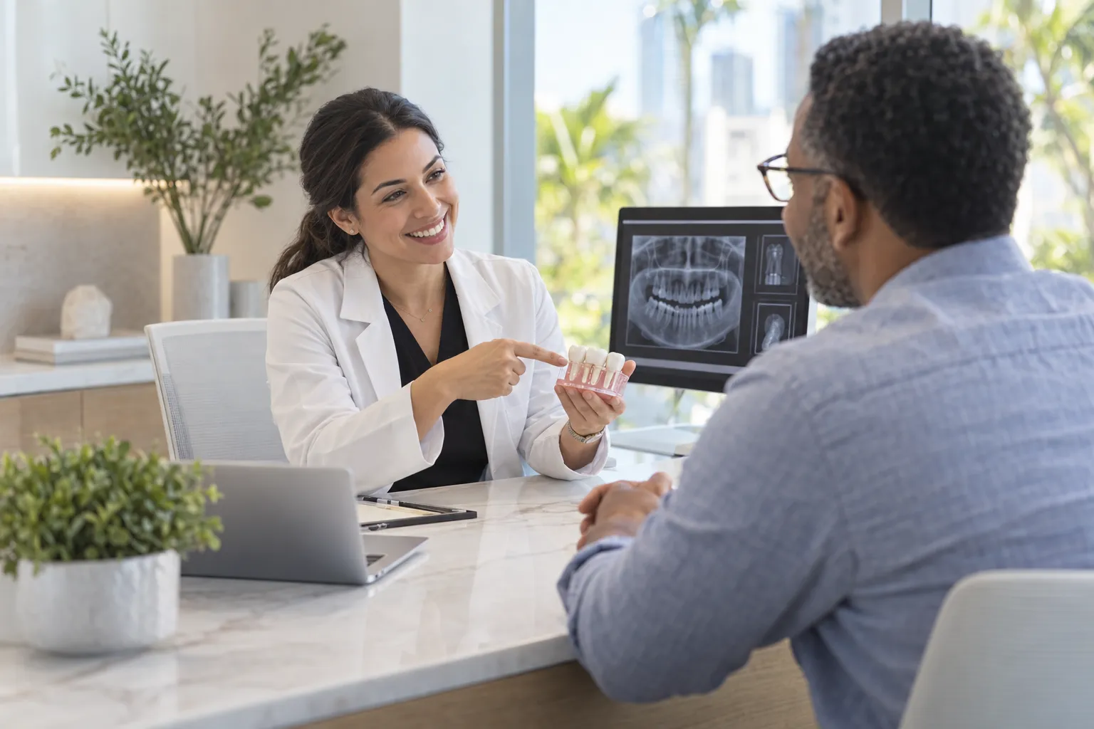 A dentist shows a dental model to a patient seated across a desk, with dental X-rays displayed on a monitor.