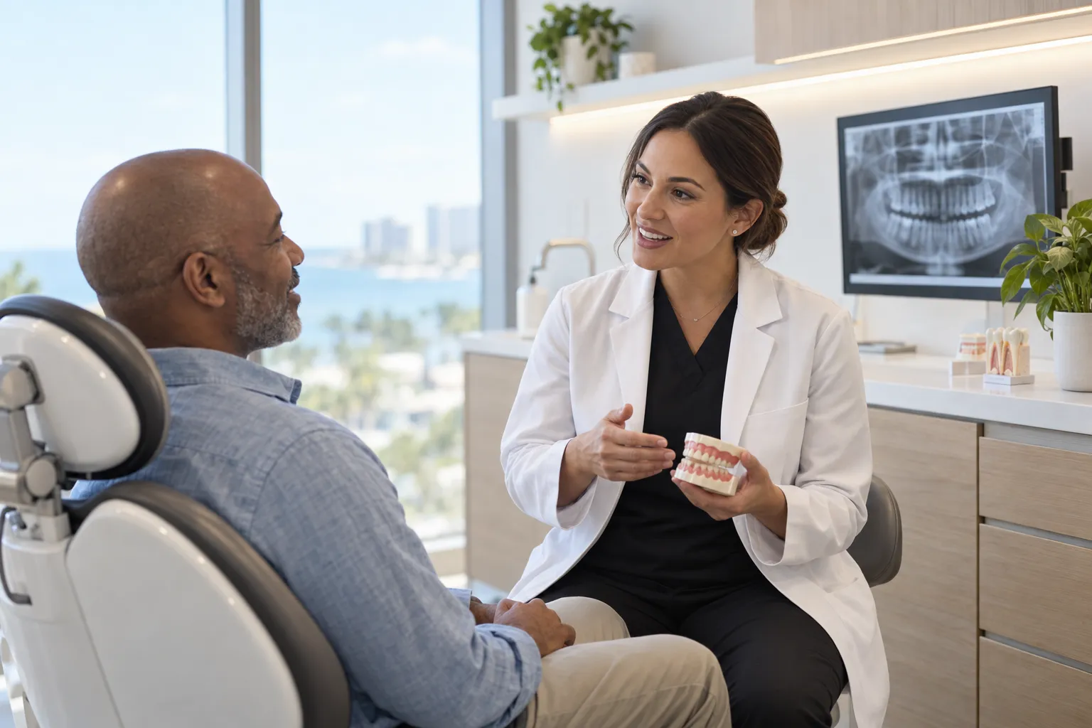 A dentist shows a dental model to a patient seated in an exam chair beside a panoramic X-ray.