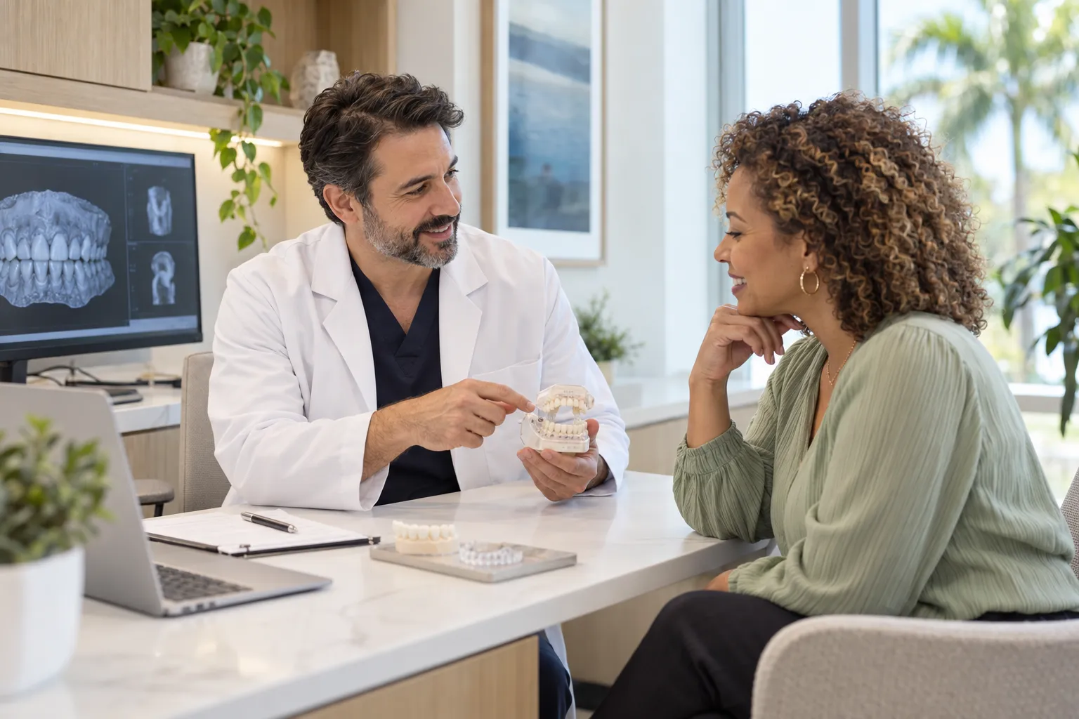 A dentist shows a dental model to a seated patient in a bright office with X-rays on a monitor.