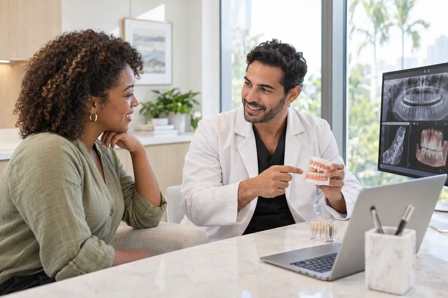 A dentist shows a dental model to a patient beside a monitor displaying panoramic X-rays.