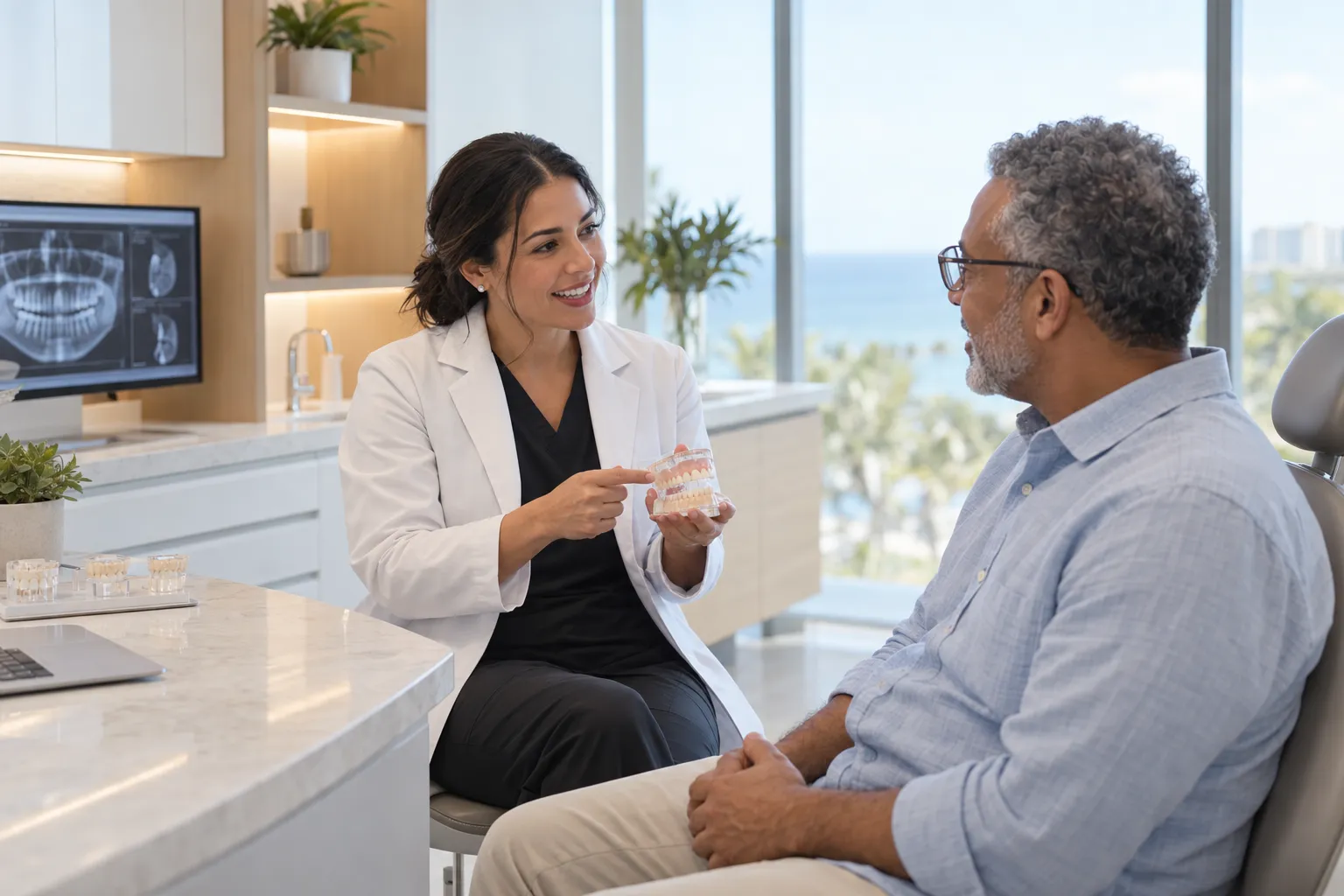 A dentist shows a dental model to a seated patient in a bright exam room.