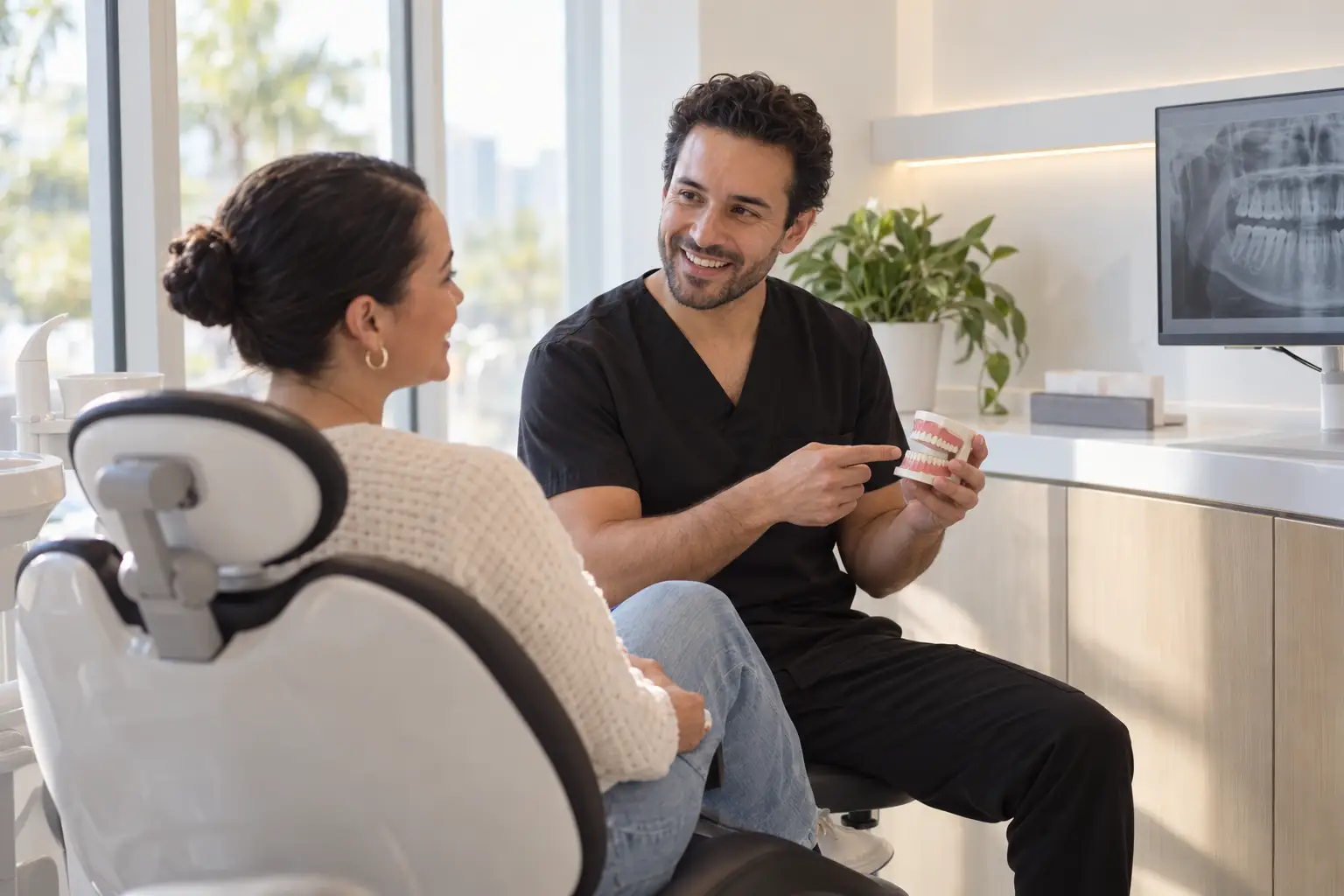 A dentist shows a dental model to a patient seated in a dental chair beside a panoramic X-ray.