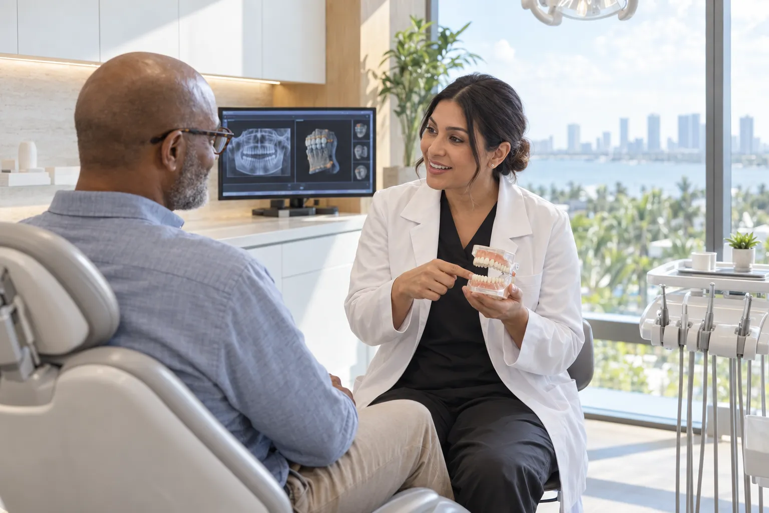 A dentist holds a tooth model while speaking with a patient seated in a bright dental operatory.