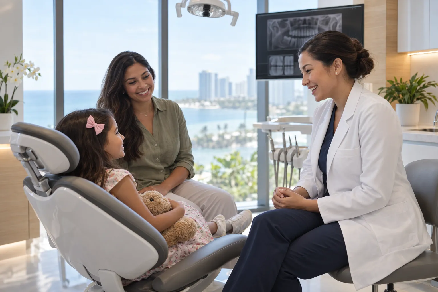 A dentist talks with a young girl in a dental chair while her mother sits beside her.