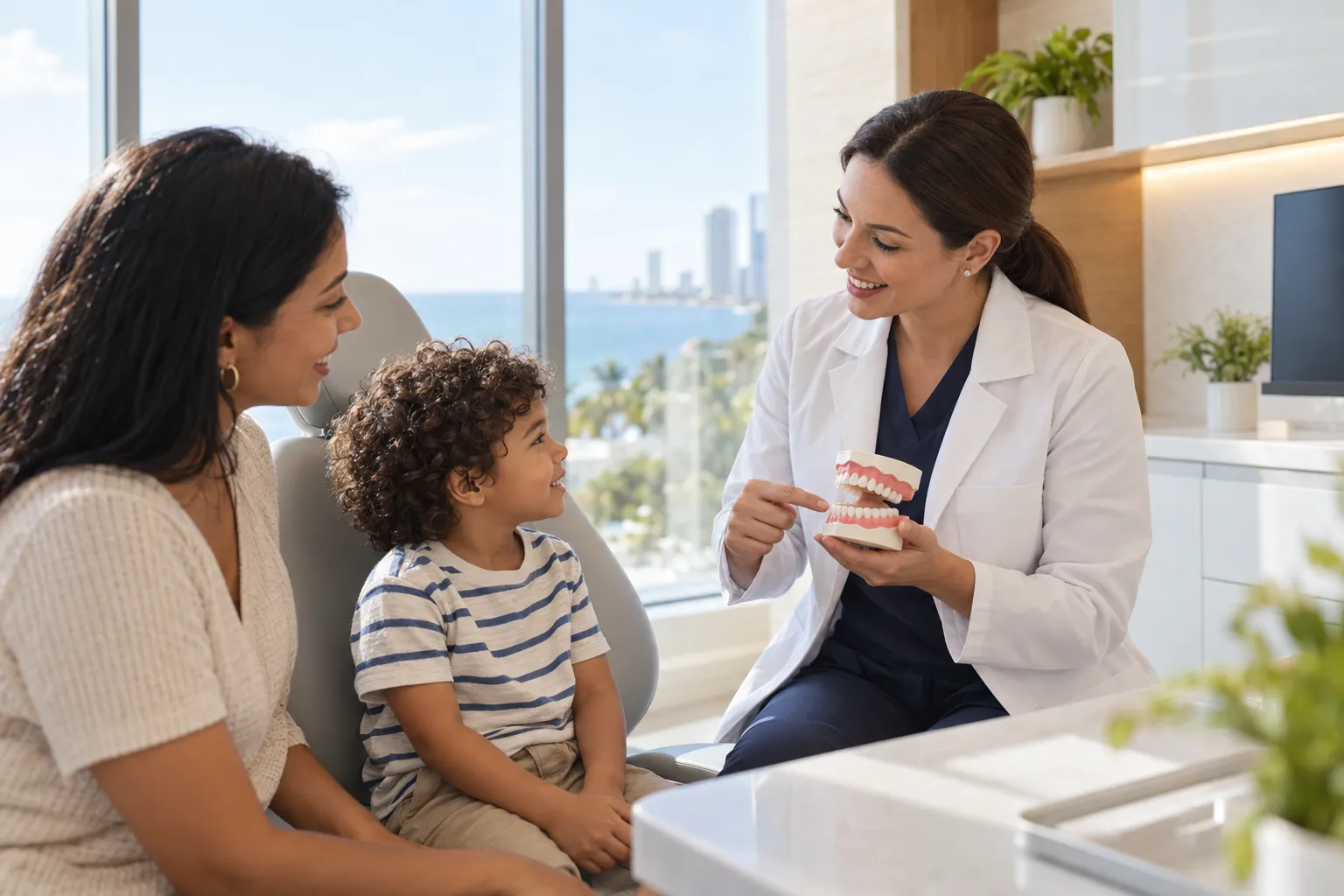 A dentist shows a toothbrush and dental model to a child seated beside an adult caregiver in a bright clinic.
