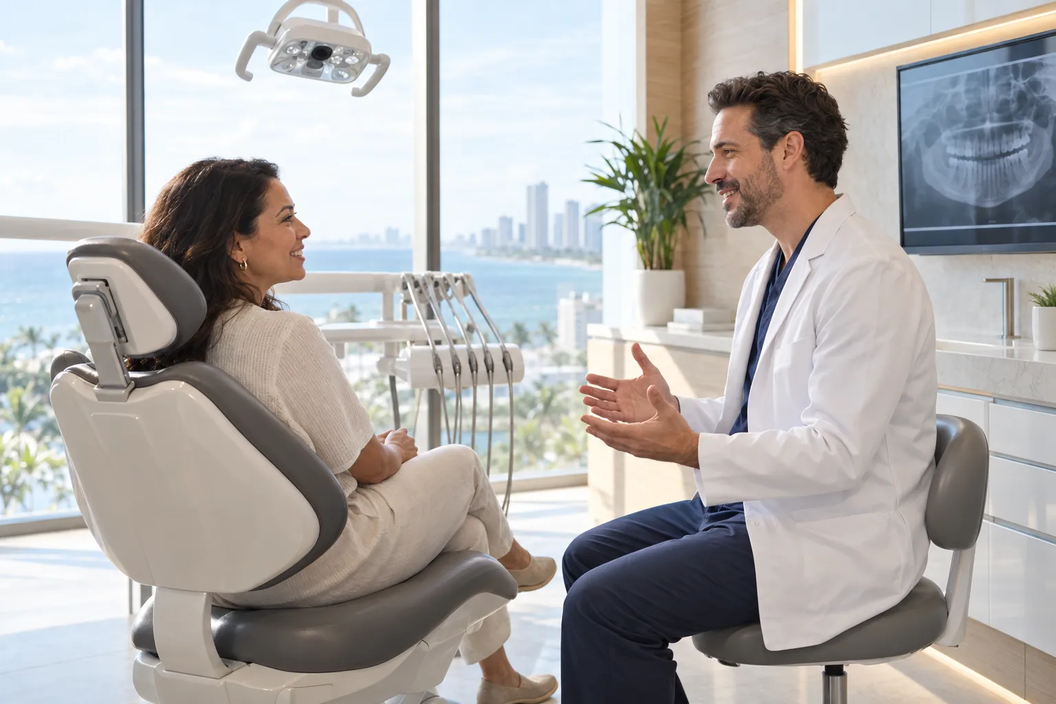 A dentist talks with a patient seated in a dental chair in a bright clinic overlooking a city.