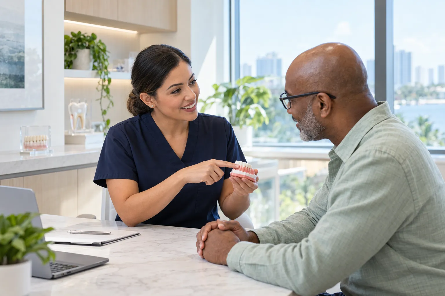 A dental professional in navy scrubs shows a dental model to a seated patient in a bright clinic.