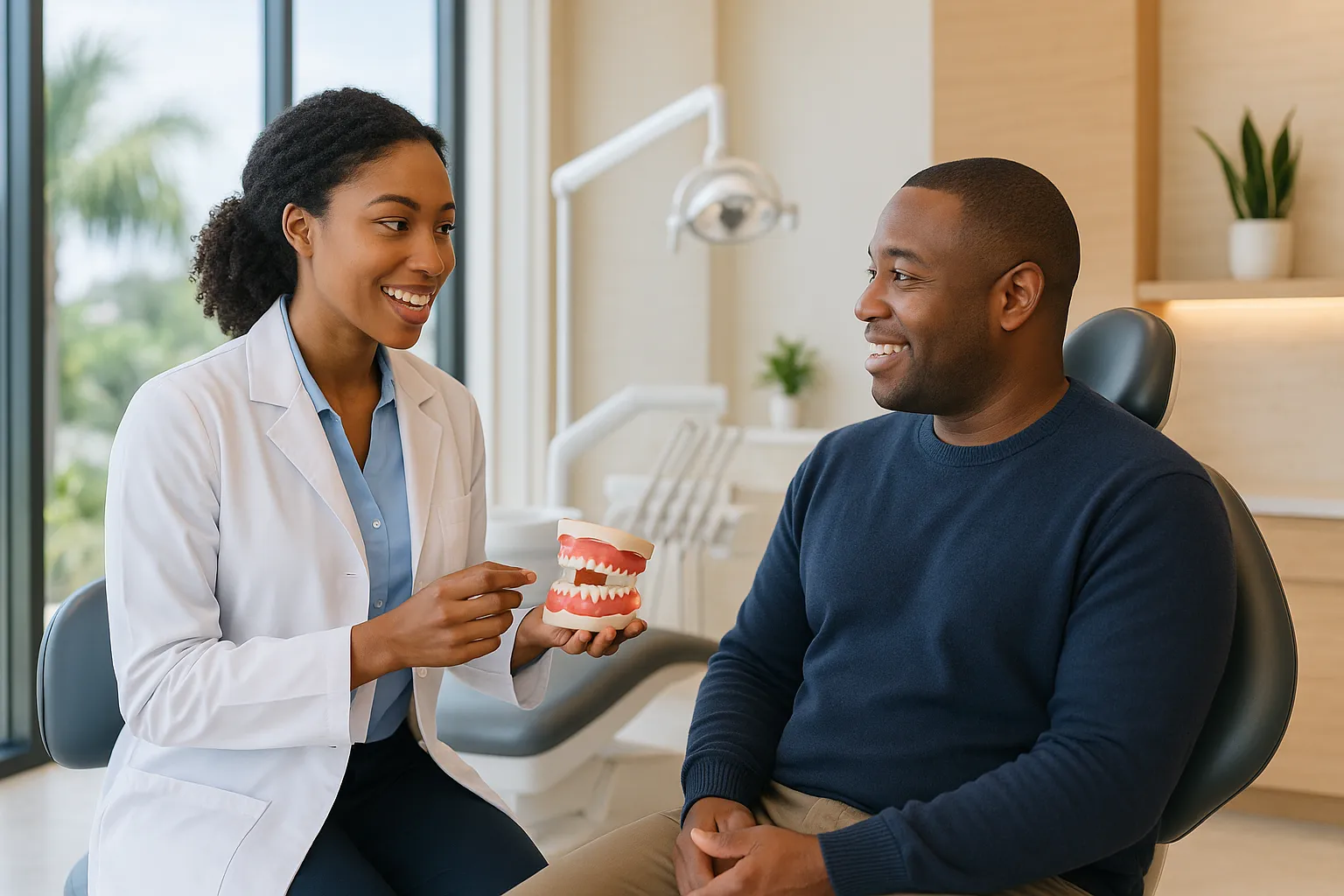 A dentist shows a dental model to a smiling patient seated in a bright exam room.