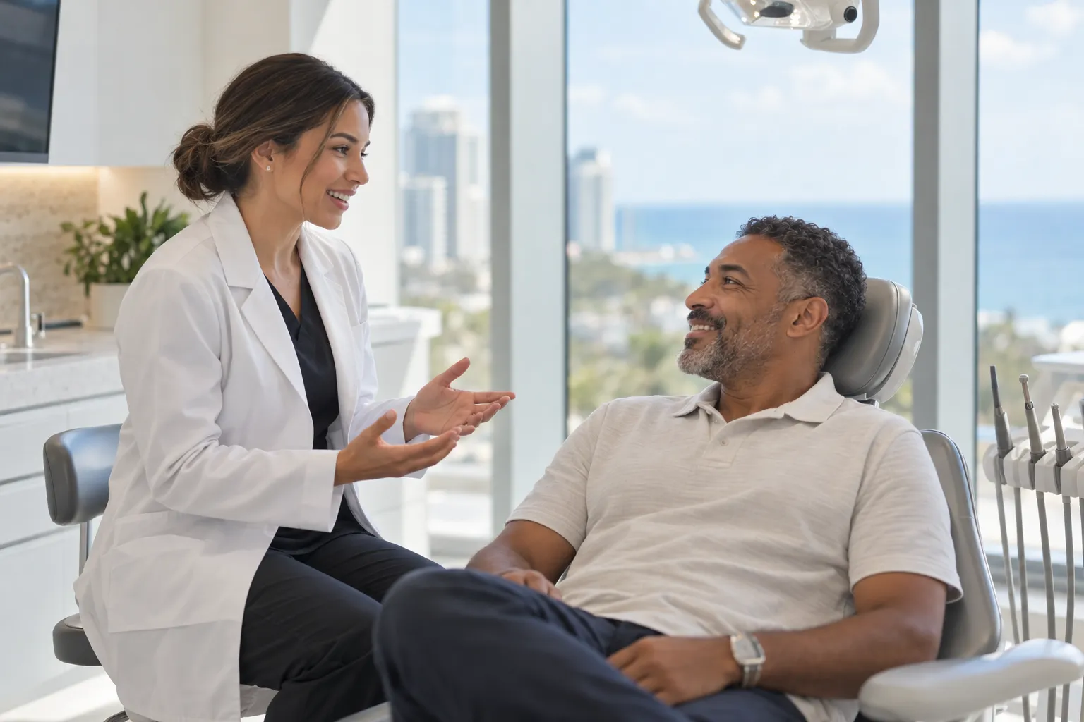 A dentist gestures while speaking with a smiling patient seated in a dental chair beside large windows.