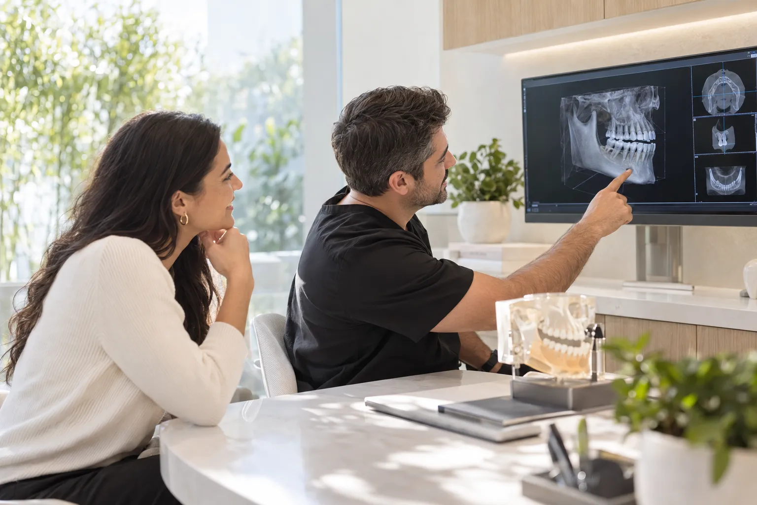 A dentist points to a 3D dental scan on a monitor while a woman watches in a bright consultation room.
