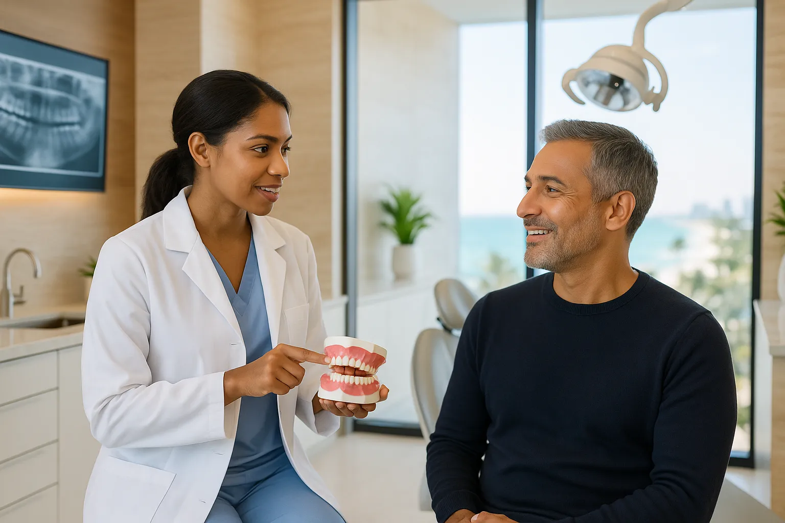 A dentist shows a dental model to a smiling patient seated in a bright exam room.