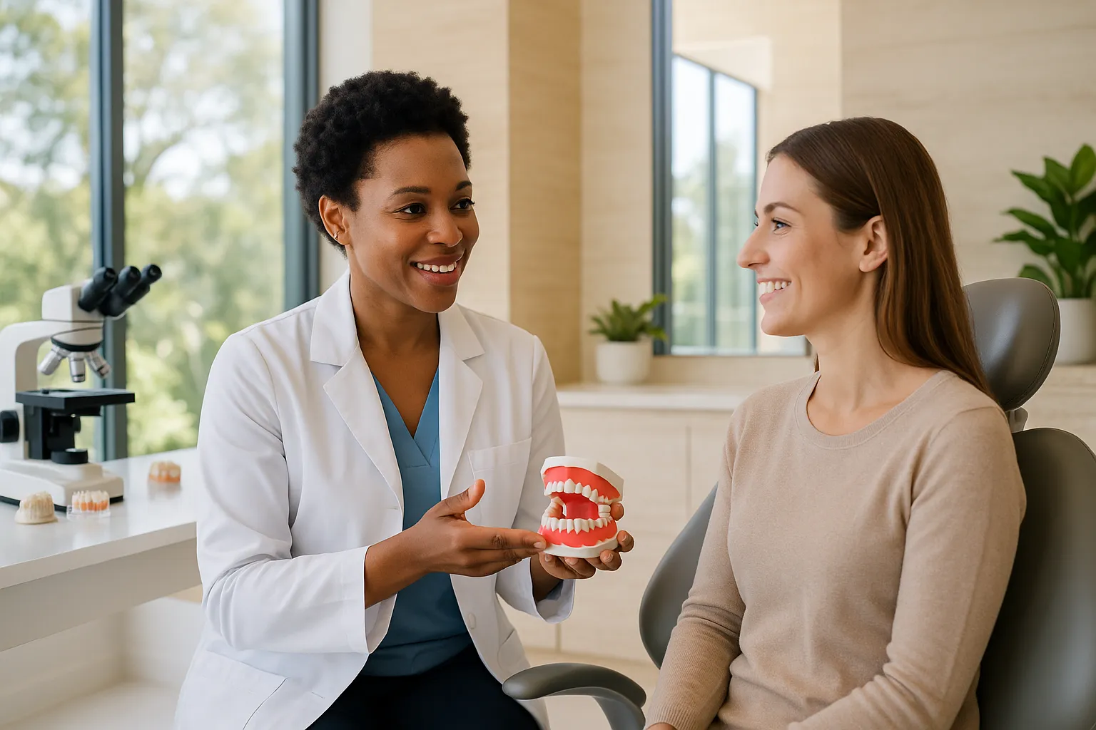 A dentist holds a tooth model while talking with a woman seated in a dental chair in a bright office.