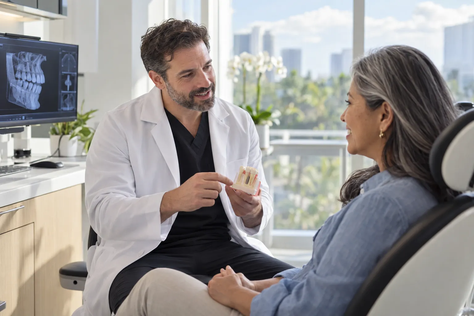 A dentist shows a dental model to a patient seated in a clinic chair.
