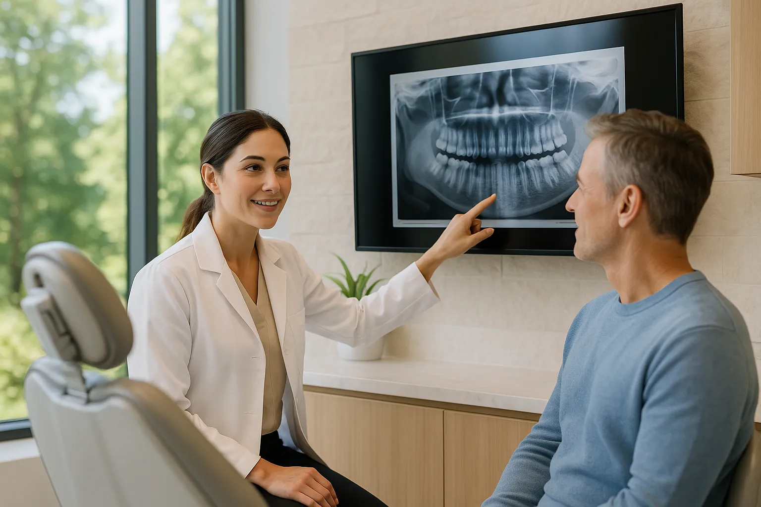 A dentist points to a panoramic dental X-ray on a wall monitor while speaking with a seated patient.
