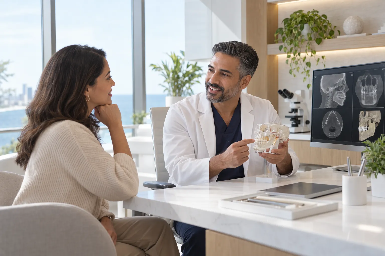 A dental specialist shows a skull model to a patient beside a monitor displaying jaw scans.