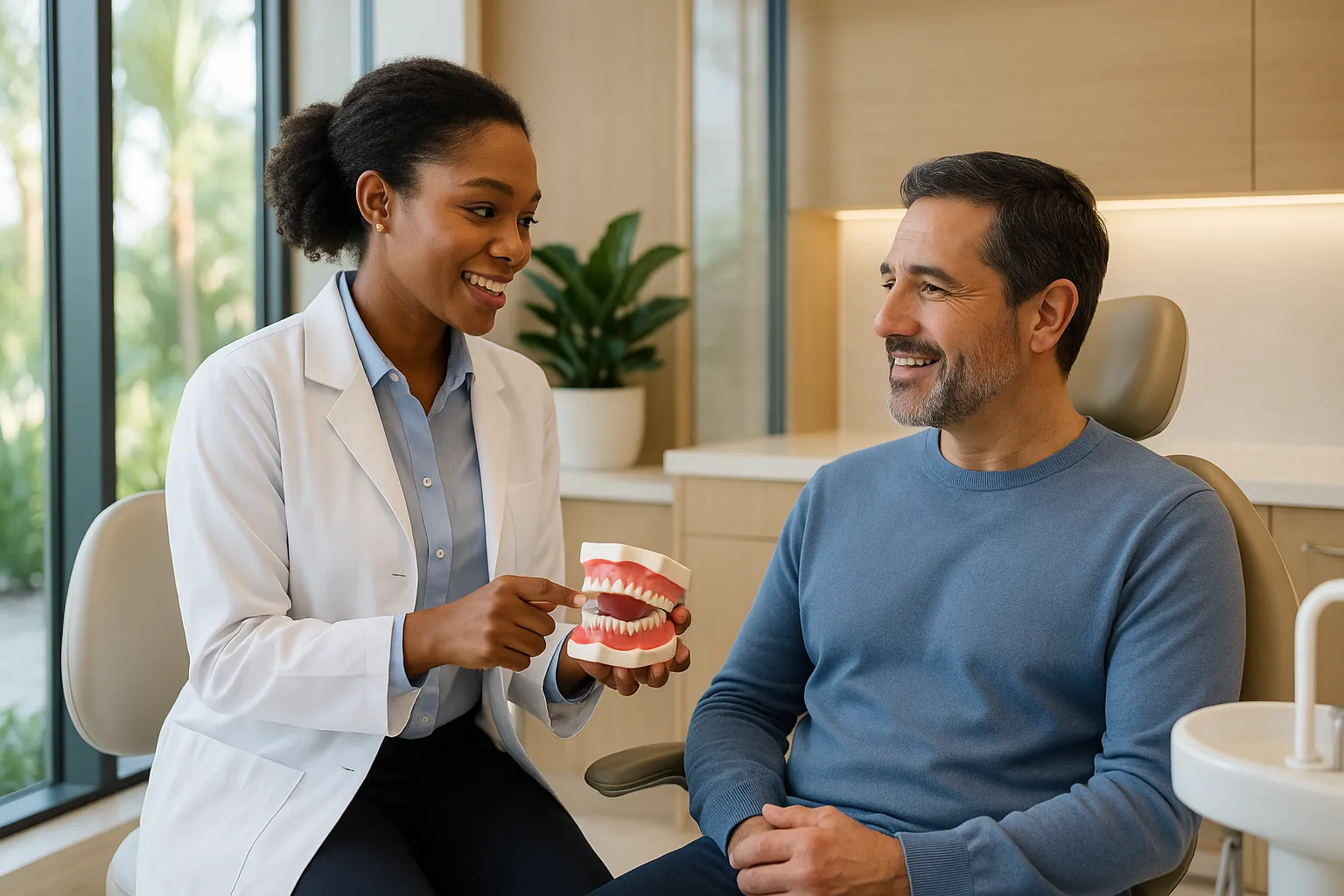 A dentist points to a dental model while speaking with a smiling patient in a clinic.
