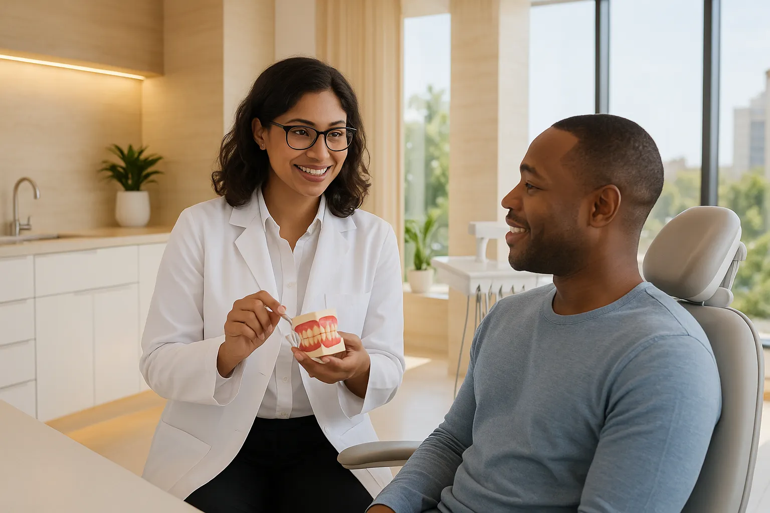 A dentist holds a tooth model and points to it while a patient sits in a dental chair in a bright office.