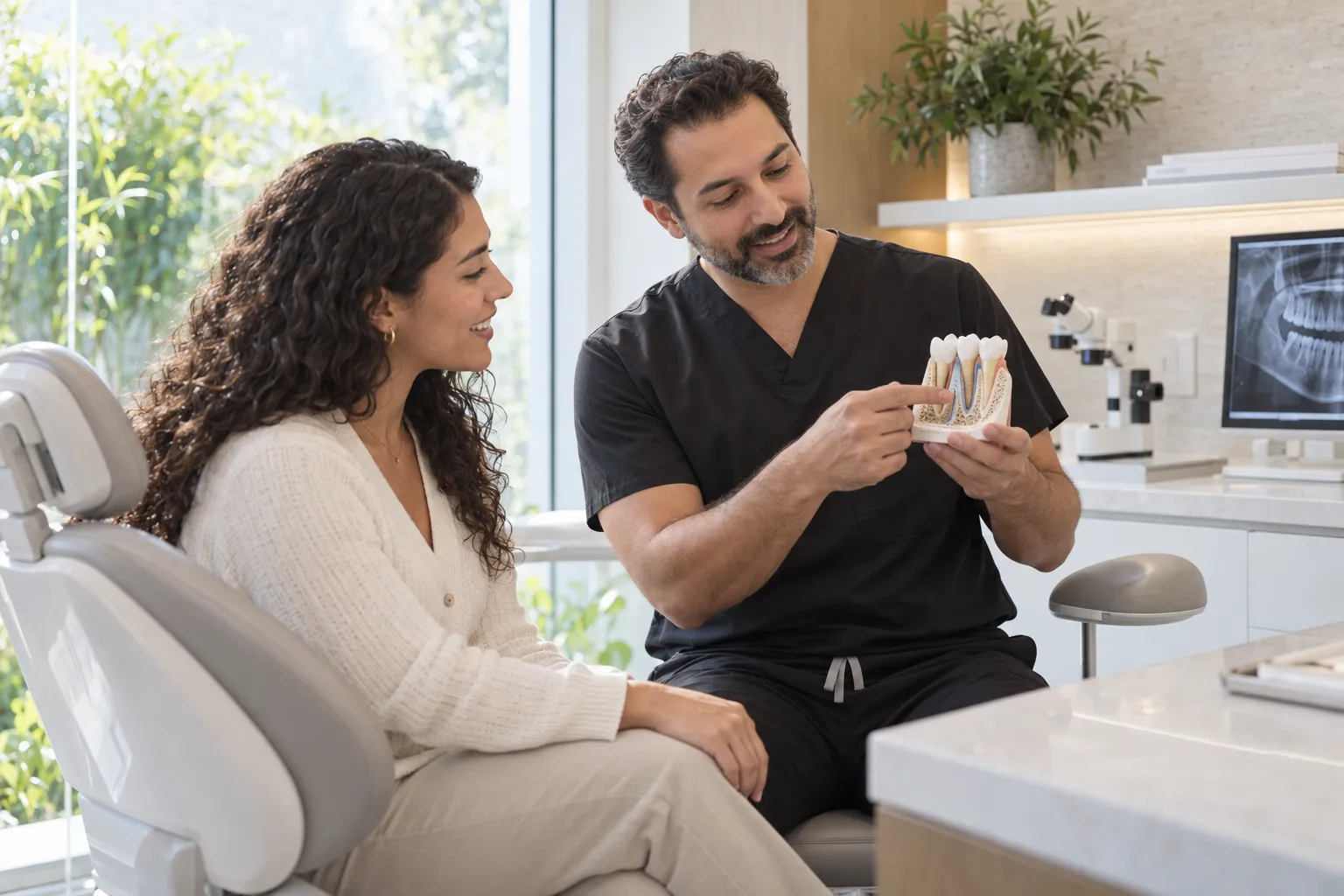 A dentist points to a tooth and gum model while speaking with a patient seated in a bright clinic.