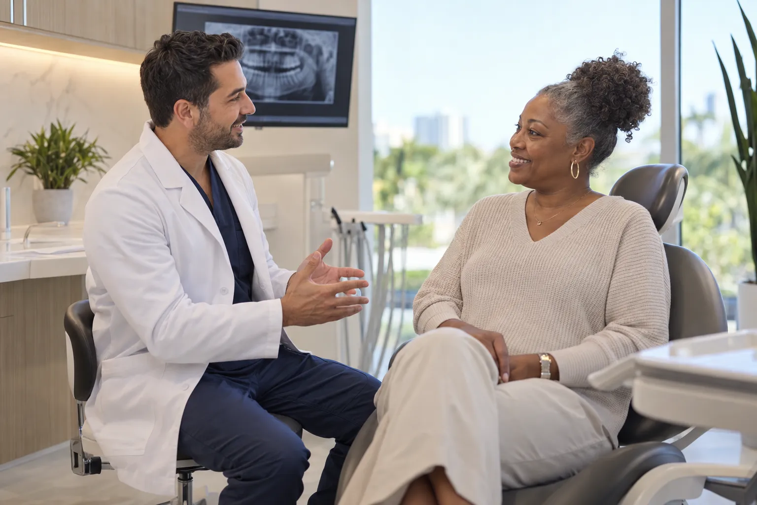 A dentist speaks with a smiling patient seated in a dental chair in a bright treatment room.