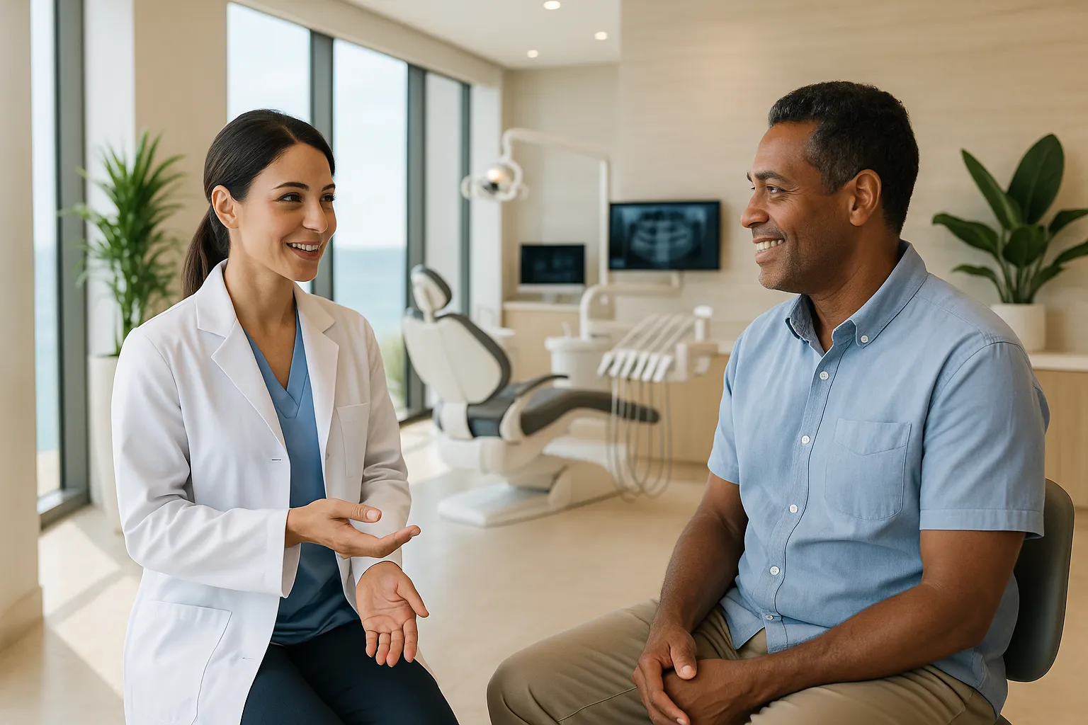 A dental professional holds a tooth model while talking with a seated man in a bright dental office.