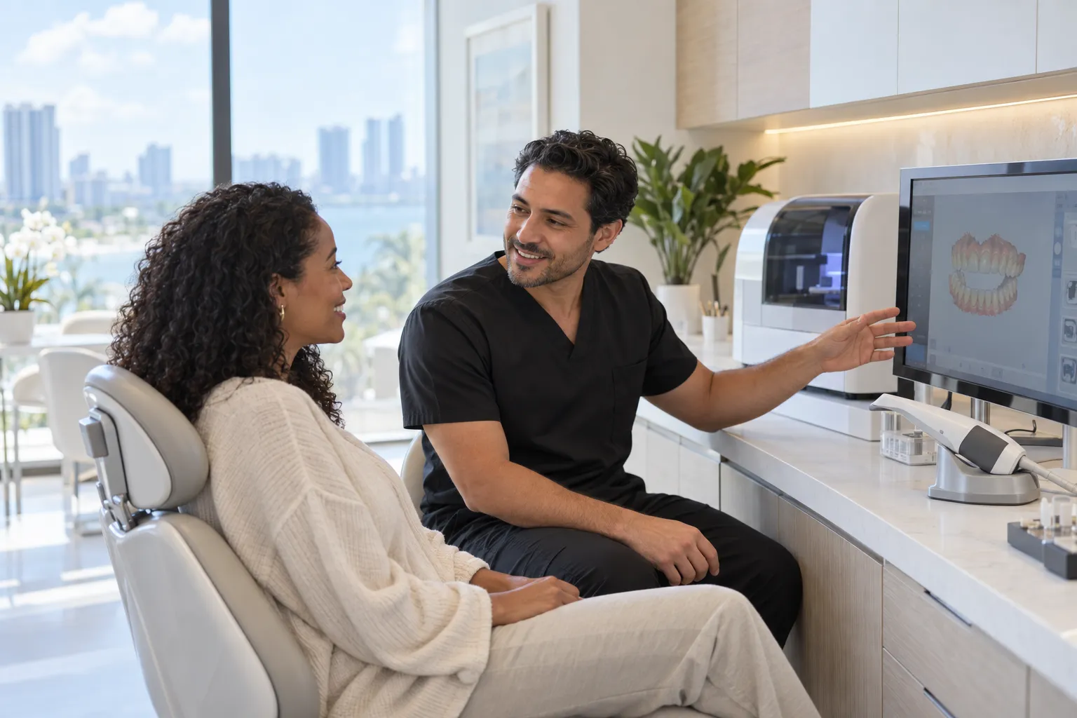 A dental professional shows a seated patient a 3D model of teeth on a monitor in a bright treatment room.