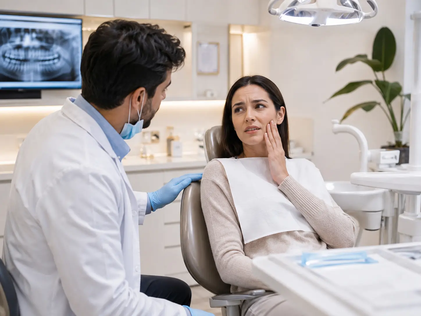 Dentist reassuring a patient with tooth pain in a modern Miami operatory