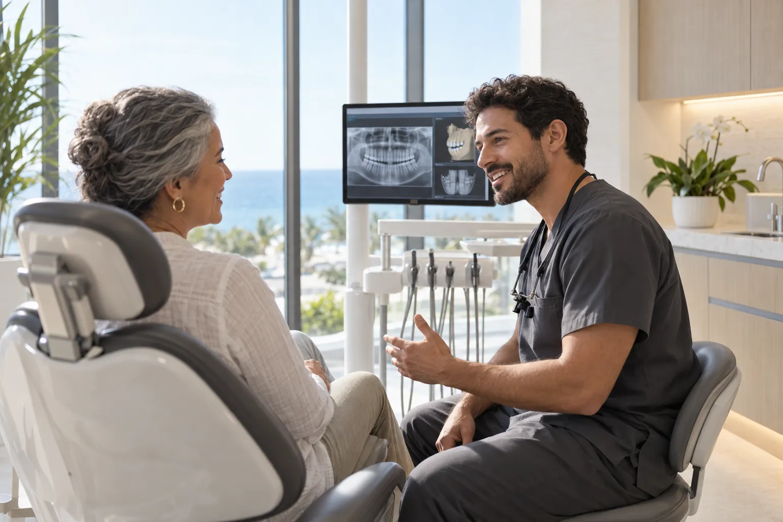 A dental professional speaks with an older woman seated in a dental chair beside a monitor showing X-rays.