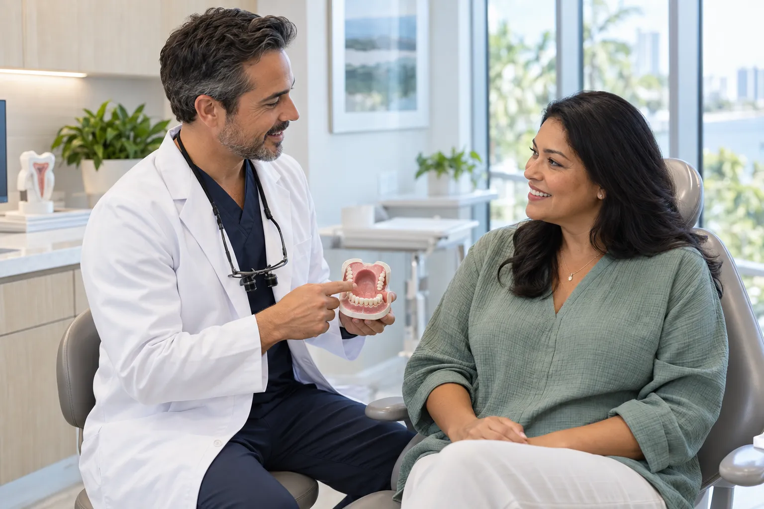 A dentist shows a dental model to a seated patient in a bright exam room.