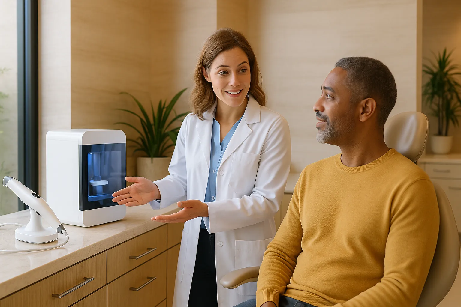 A dentist gestures toward a desktop 3D printer beside a patient seated in a dental exam chair.