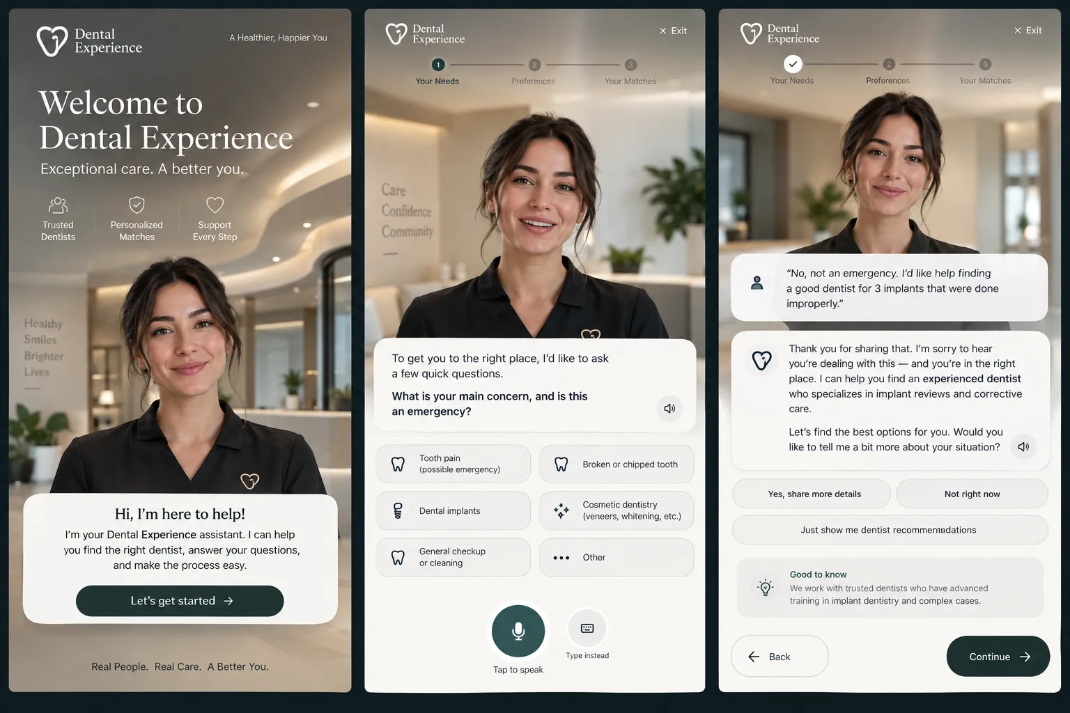 Three mobile screens show a virtual dental assistant with a woman in a clinic, chat prompts, and consultation controls.