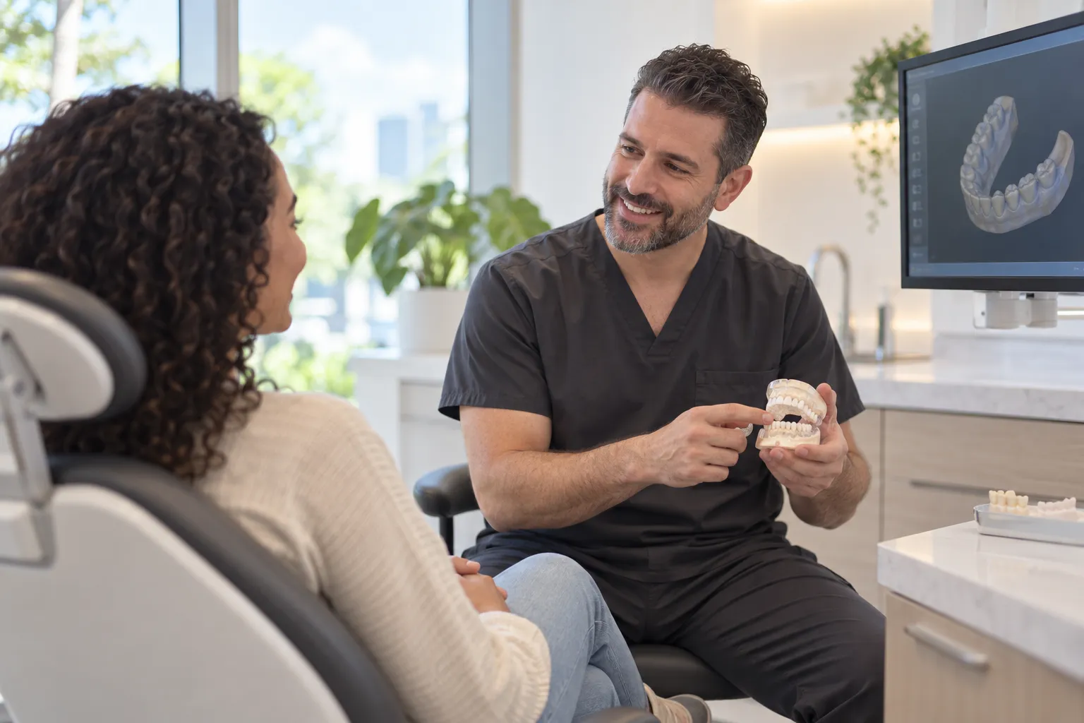 A dentist shows a dental model to a patient seated in a dental chair, with a digital jaw scan on a nearby monitor.
