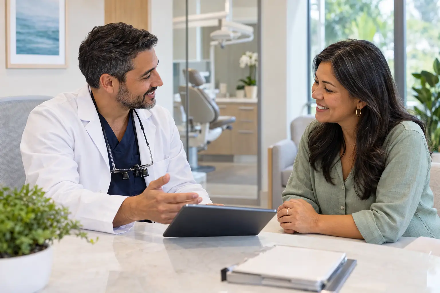 A dentist speaks with a smiling woman across a desk while gesturing toward a tablet in a bright clinic.