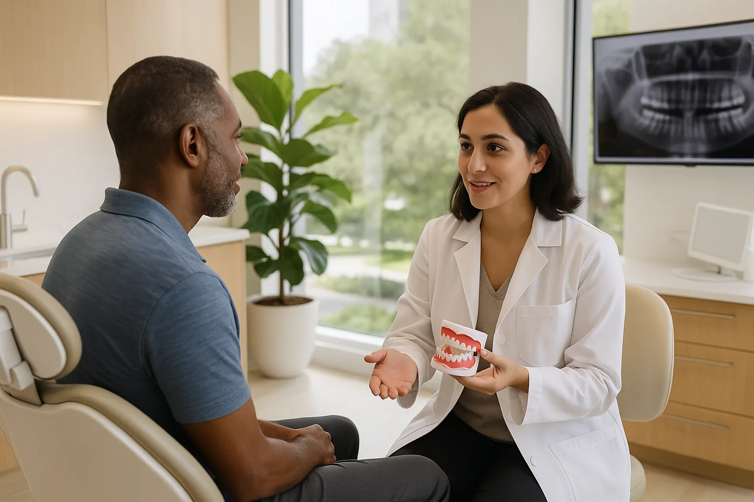 A dentist holds a model of teeth while talking with a man seated in a dental chair in a bright exam room.