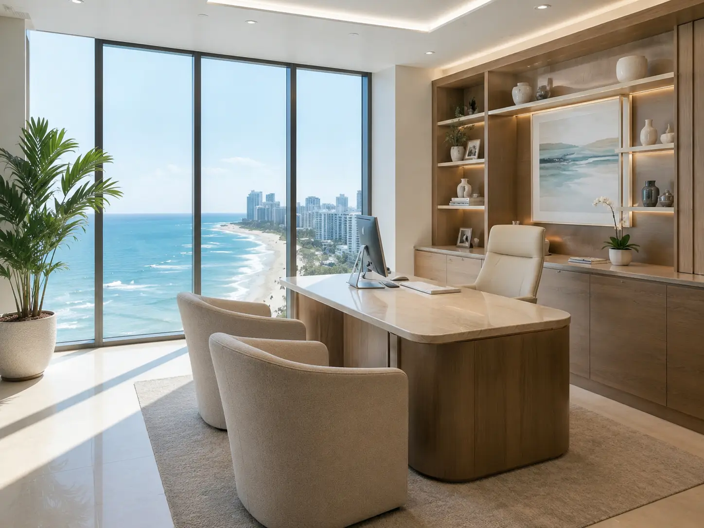 Consultation office with Miami shoreline views where treatment plans are reviewed