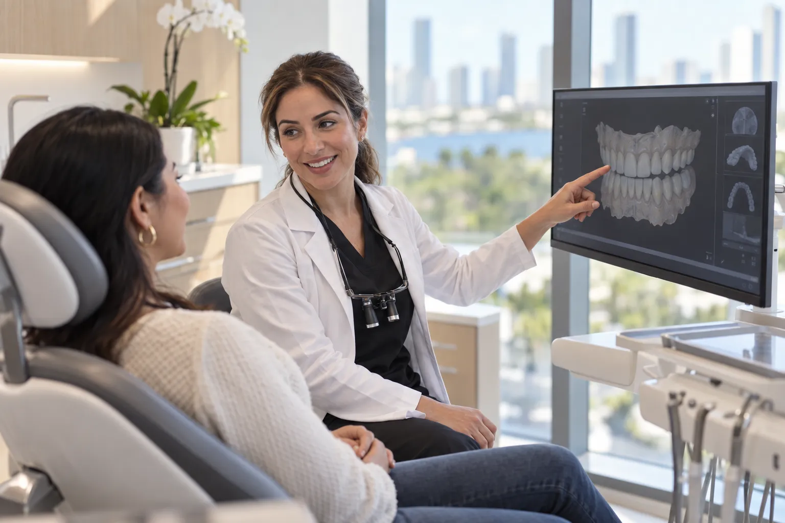 A dentist points to a 3D dental scan on a monitor while speaking with a patient in a bright operatory.