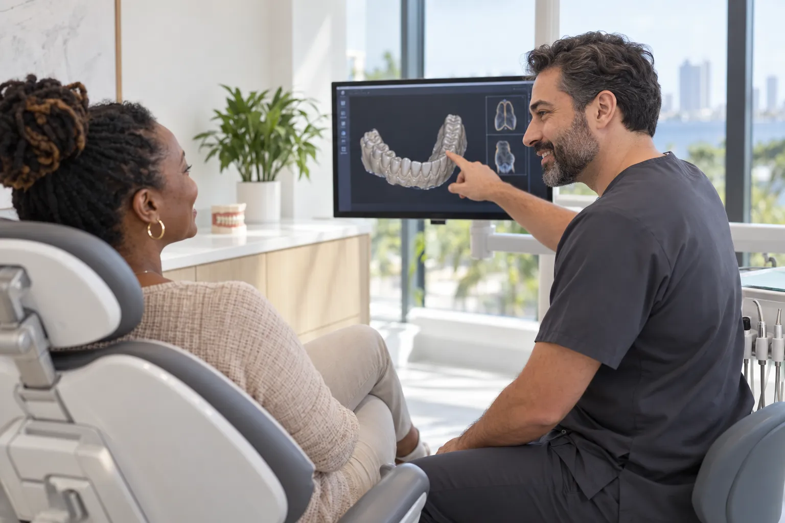 A dentist points to a digital model of teeth on a monitor while speaking with a patient in a dental chair.