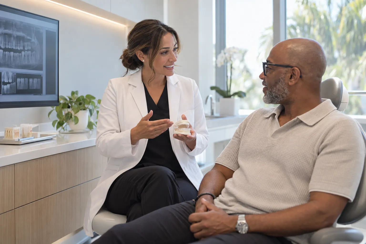 A dentist holds a dental model while speaking with a patient seated in an exam chair.