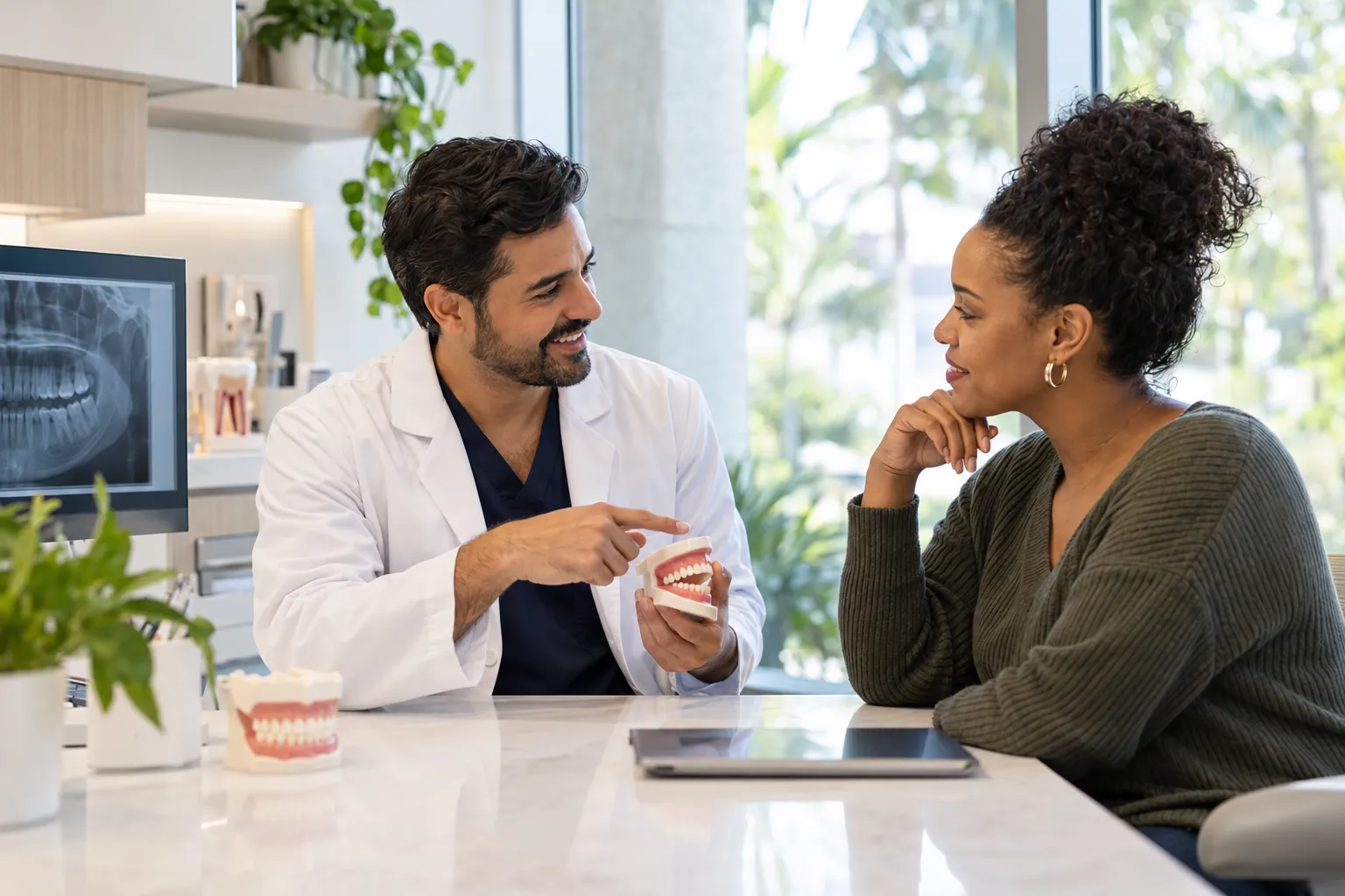 A dentist shows a dental model to a patient seated across a clinic counter.