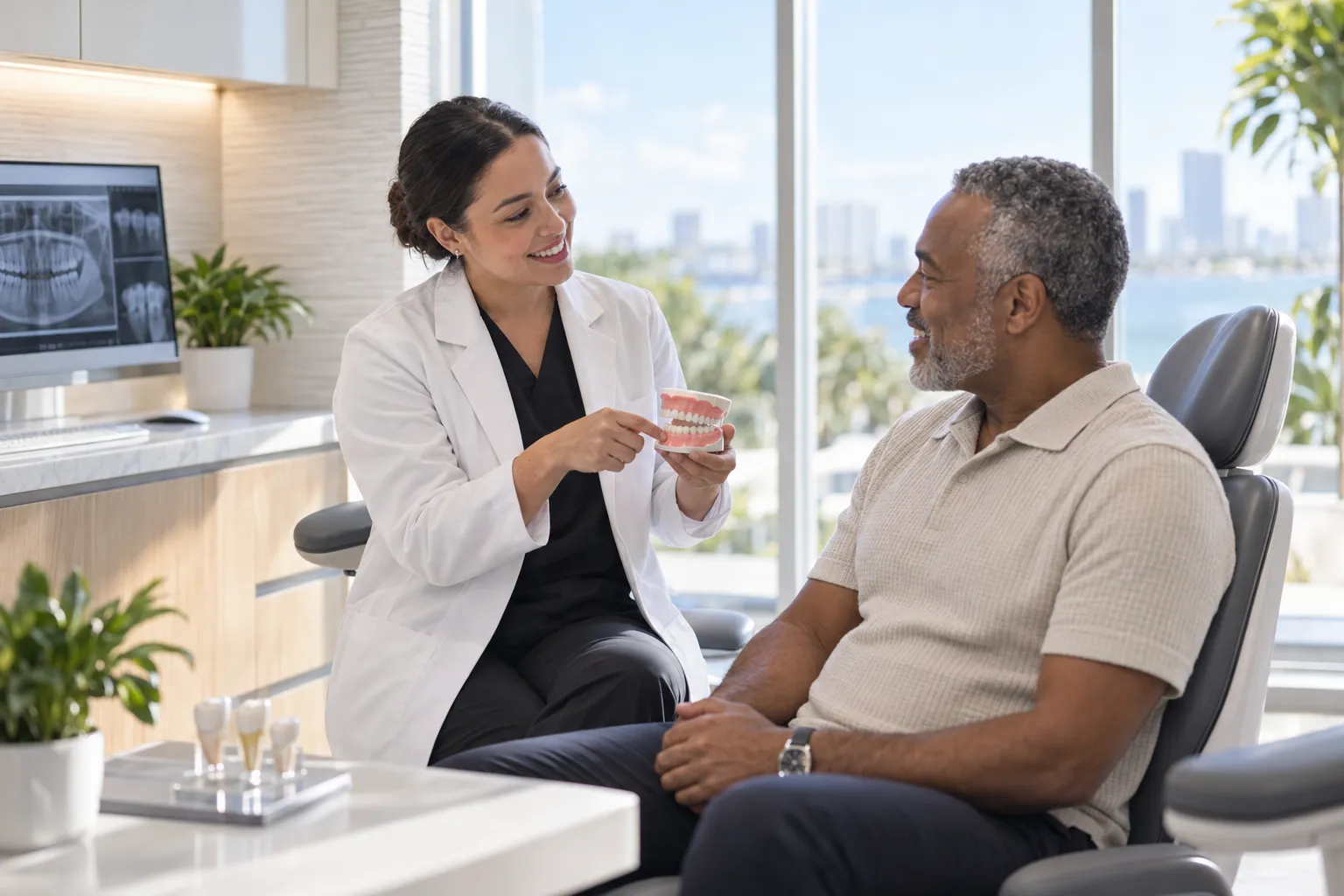 A dentist shows a dental model to a seated patient in a bright exam room.
