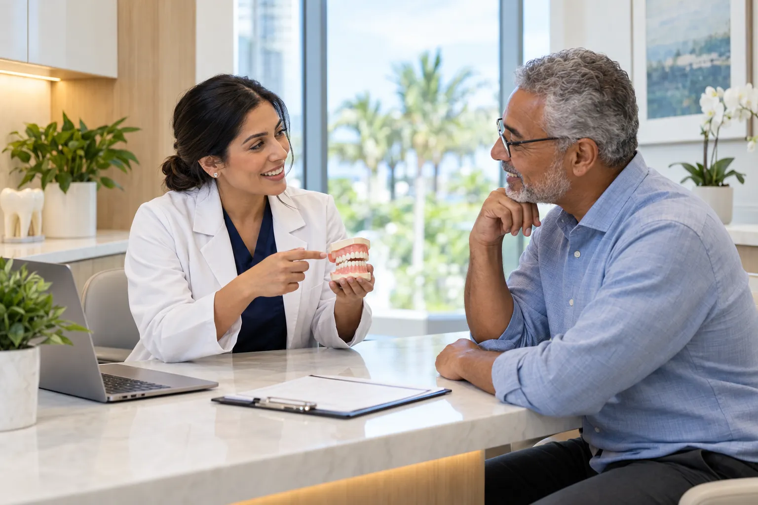 A dentist shows a dental model to a seated patient during a consultation in a bright office.