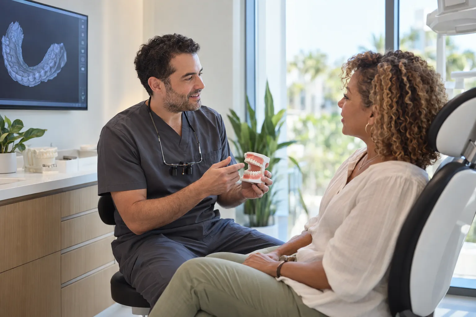 A dental professional shows a tooth model to a patient seated in a bright operatory.