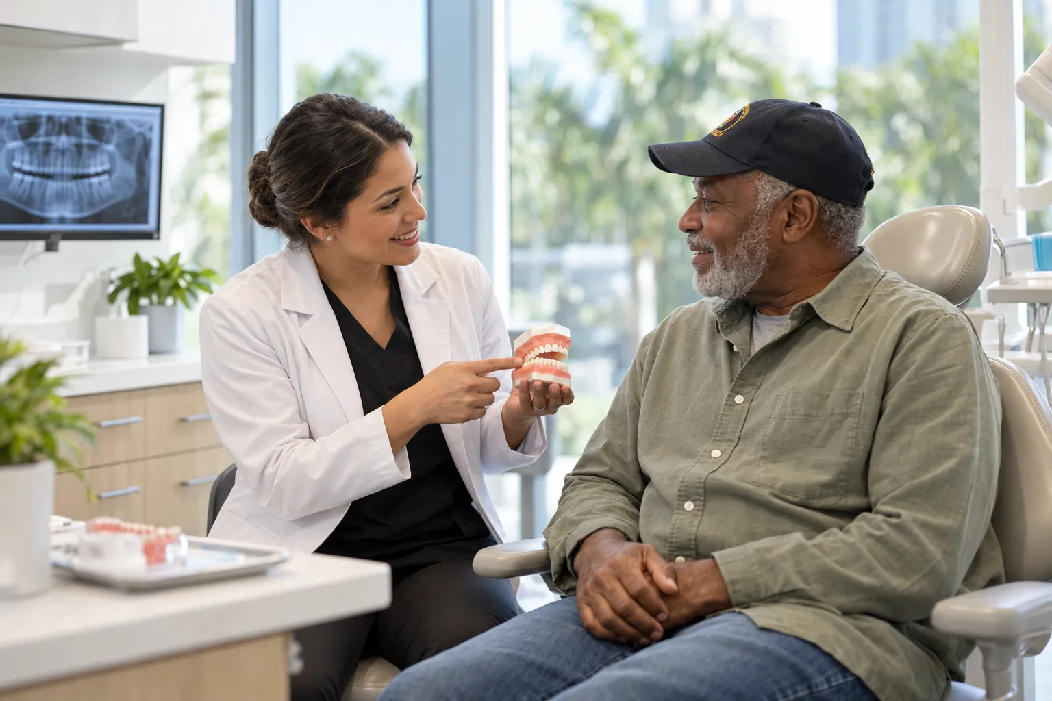 A dentist shows a dental model to an older man seated in a dental chair.