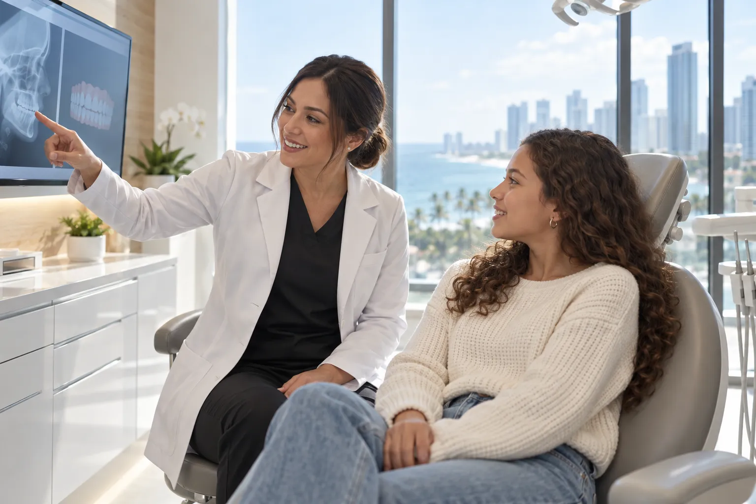 A dentist points to dental X-rays on a monitor while a patient sits in a dental chair in a bright office.