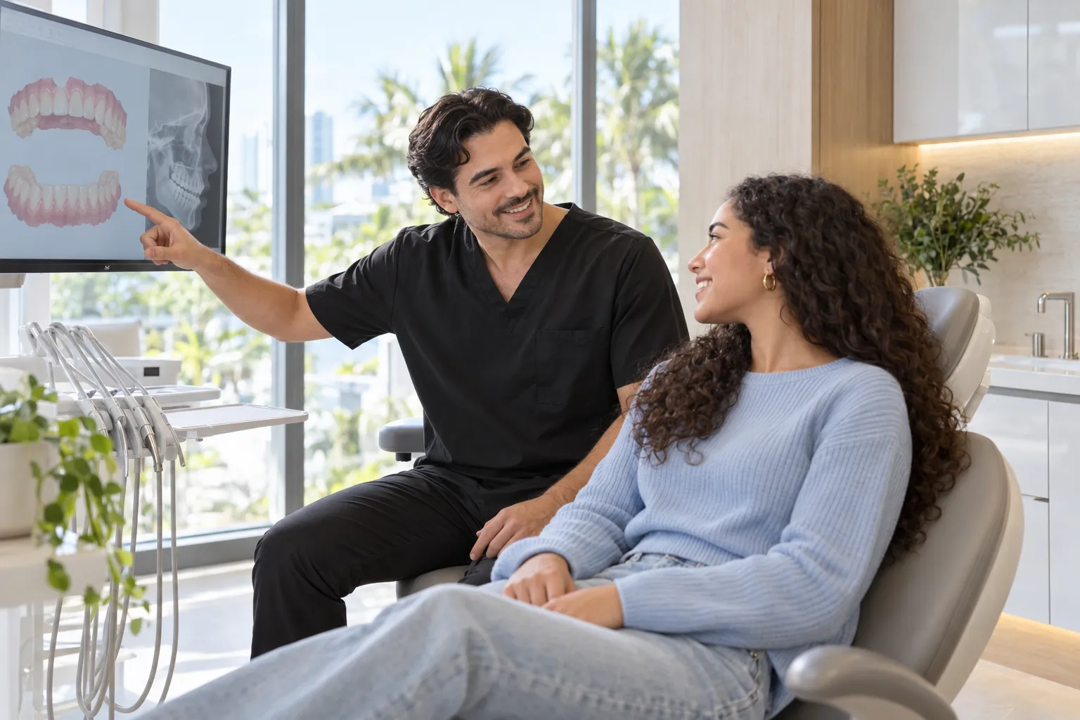 A dental professional points to teeth and X-rays on a monitor while speaking with a patient in a bright clinic.
